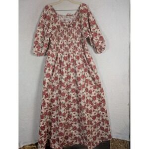Love Olive Co Maxi Dress Women's XL Cream Red Floral Smocked Puff Sleeve Pocket